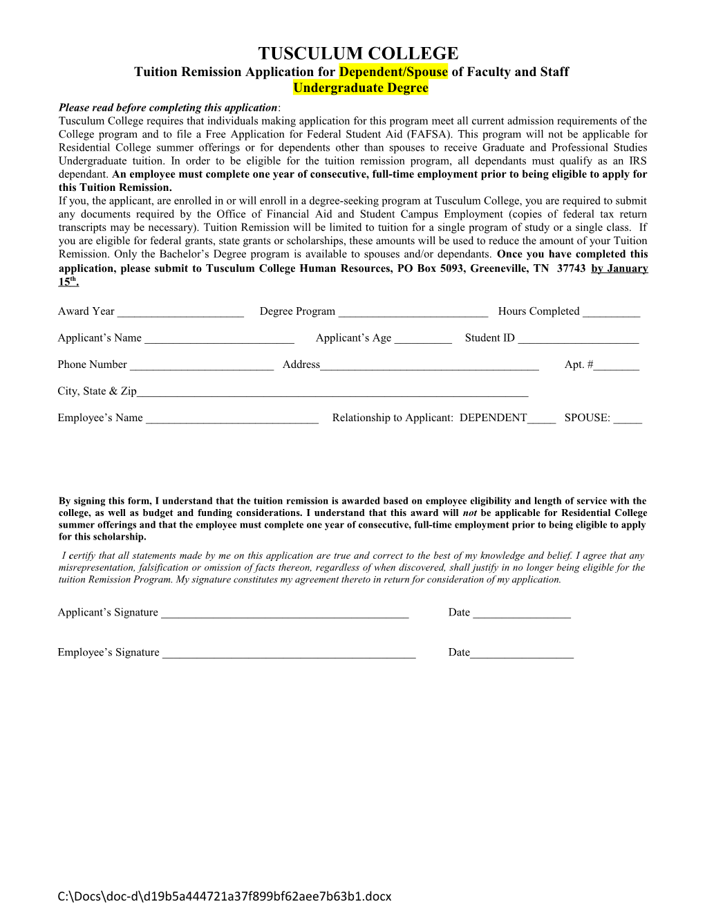 Tusculum College Tuition Scholarship Application