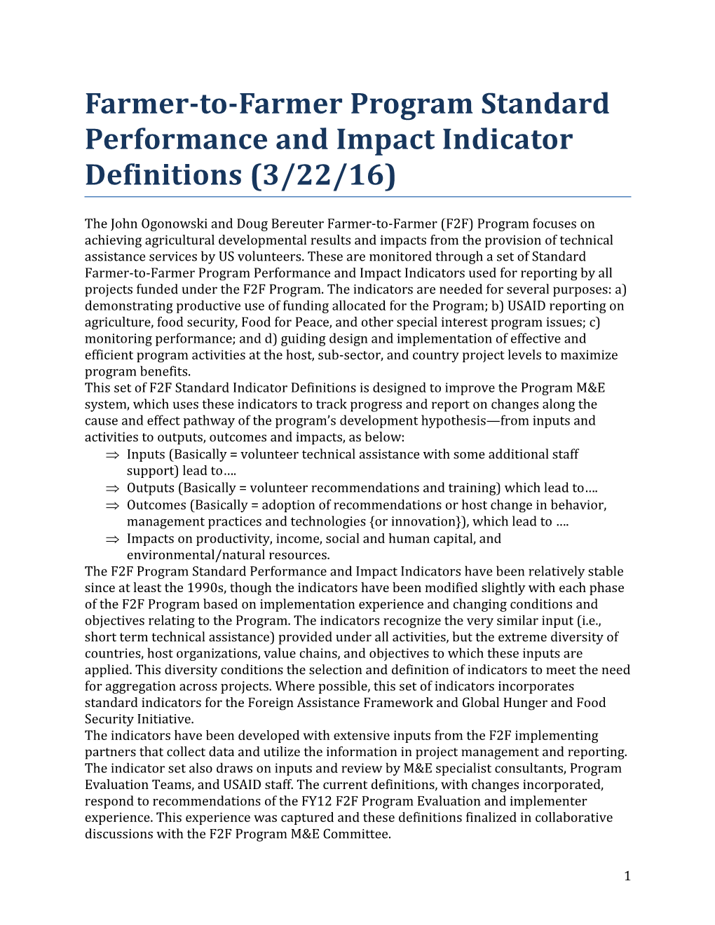 Farmer-To-Farmer Program Standard Performance and Impact Indicator Definitions (3/22/16)