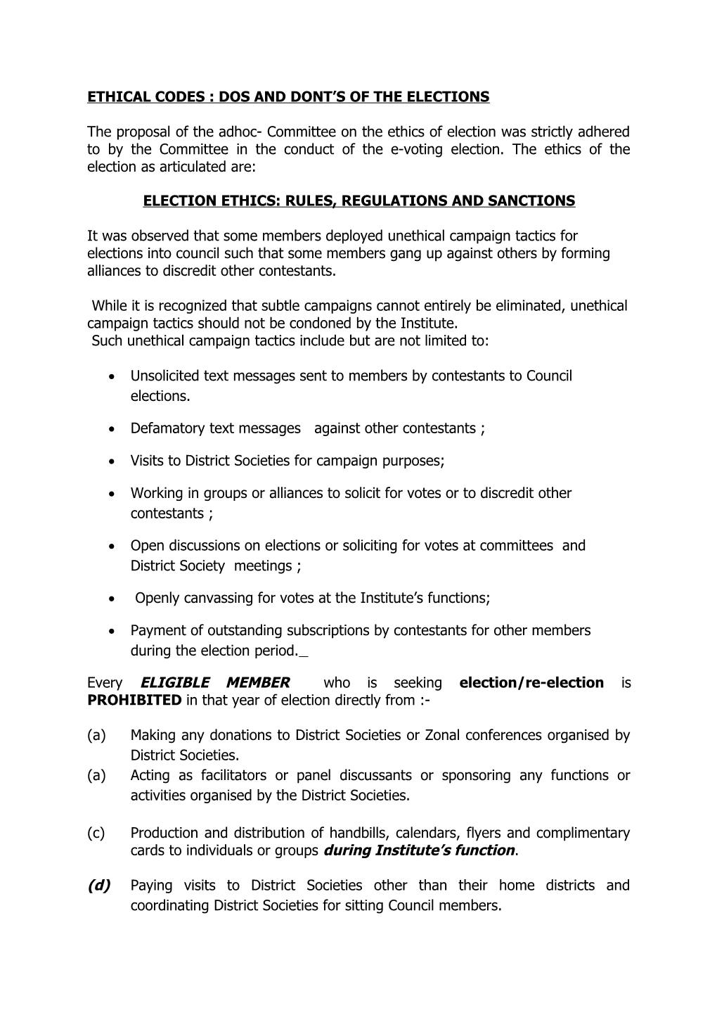 Ethical Codes : Dos and Dont S of the Elections