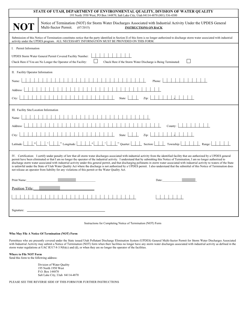 Instructions for Completing Notice of Termination (NOT) Form