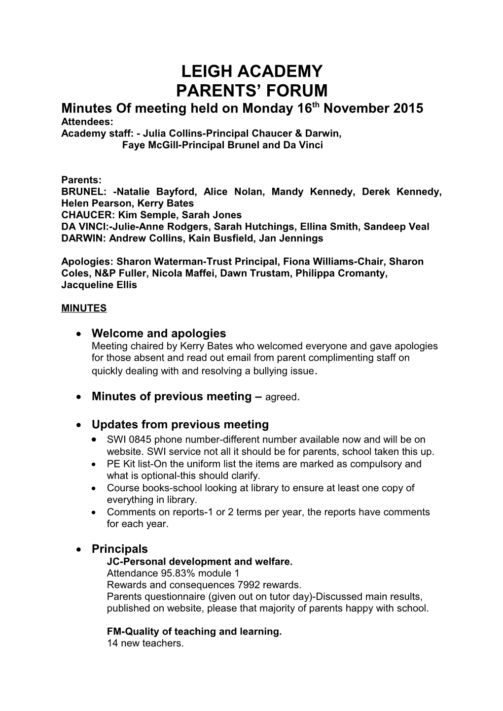 Minutes of Meeting Held on Monday 16Th November 2015