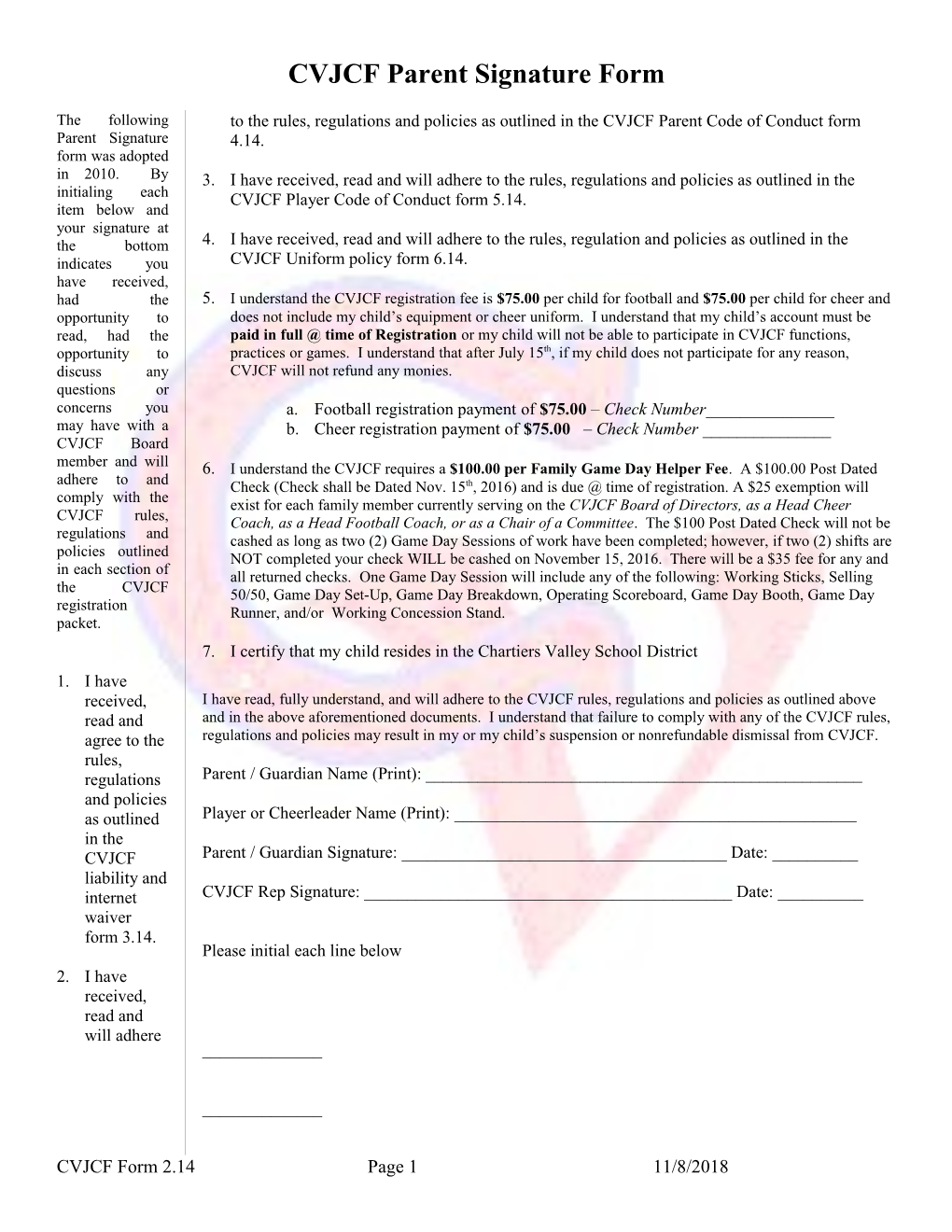 CVJCF Parent Signature Form