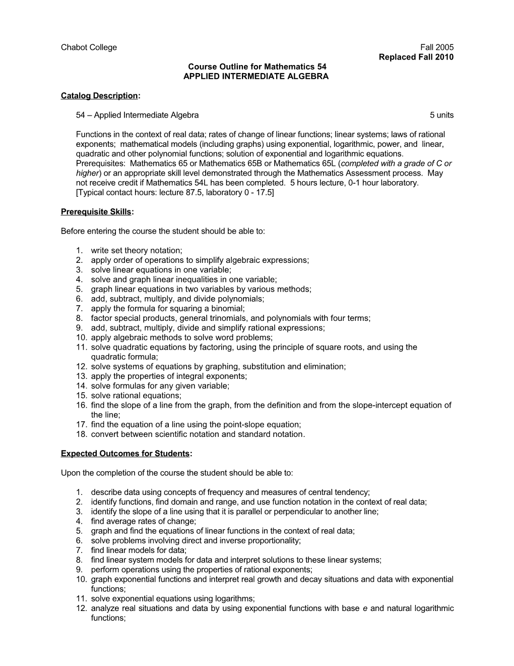 Course Outline for Mathematics 54, Page 1