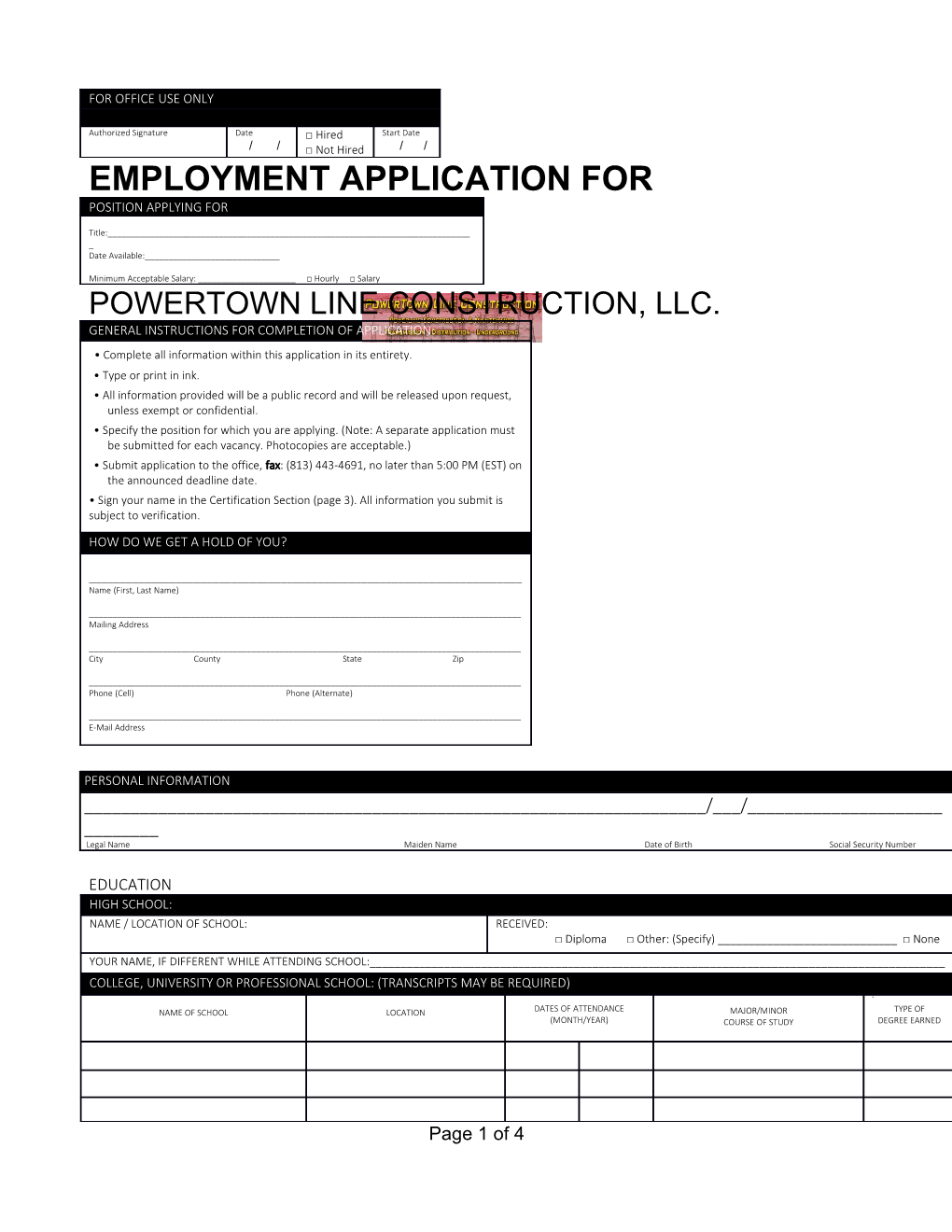 Employment Application For