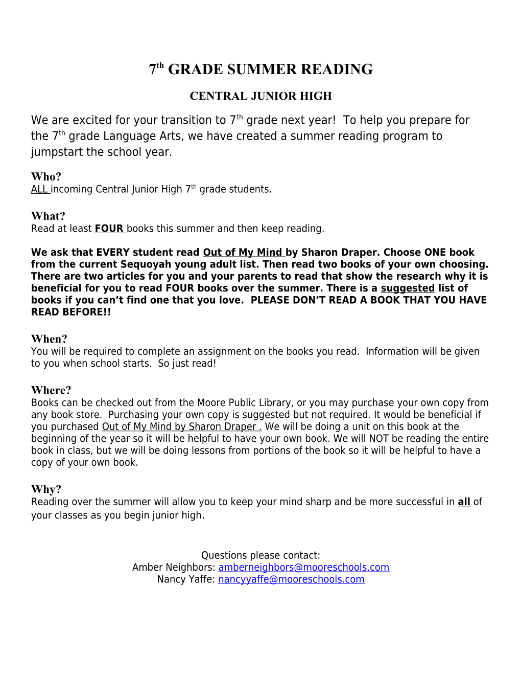 ALL Incoming Central Junior High 7Th Grade Students
