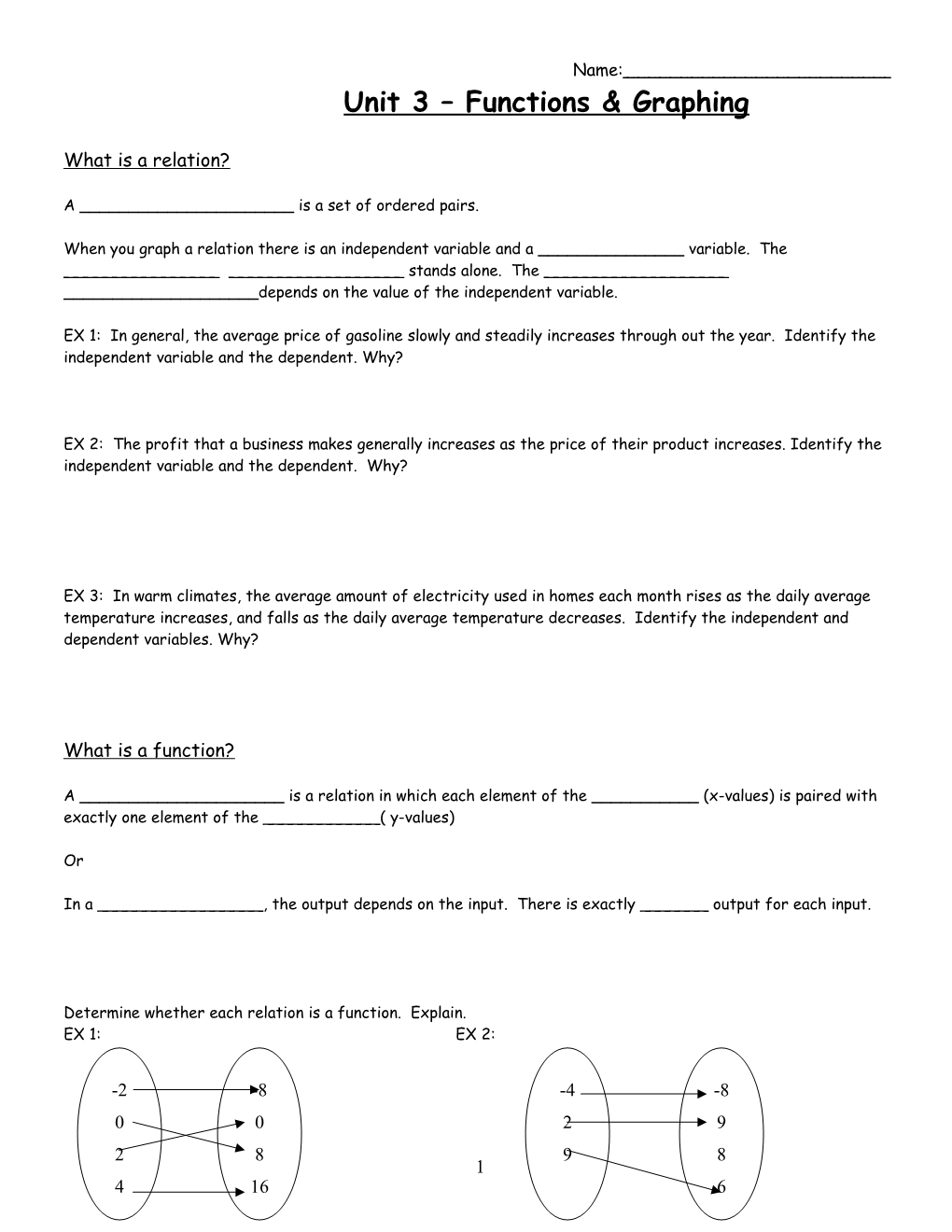 Unit 3 Functions & Graphing