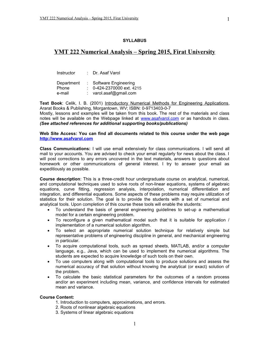 YMT 222 Numerical Analysis Spring 2015, Firat University