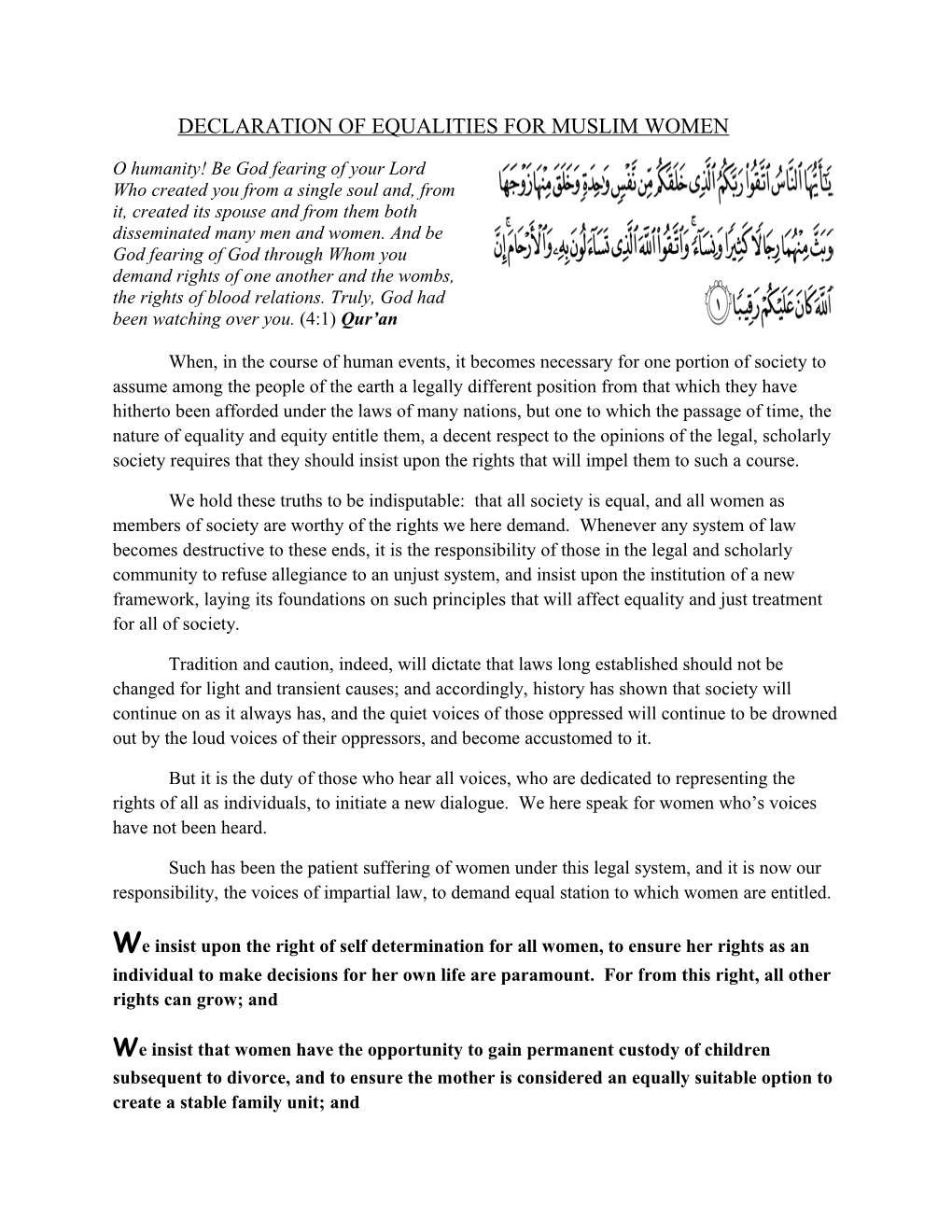 Declaration of Equalities for Muslimwomen