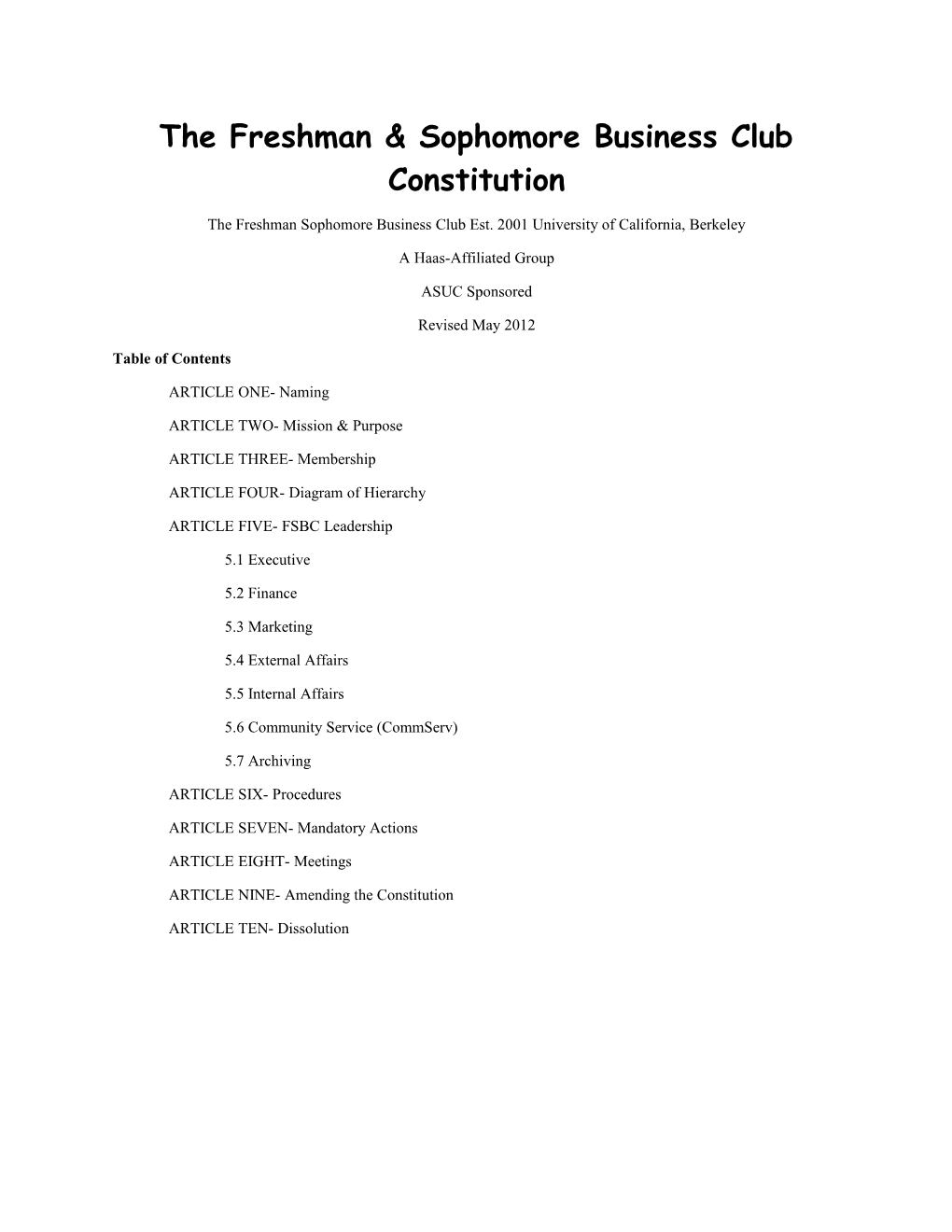 The Freshmansophomore Business Club Constitution