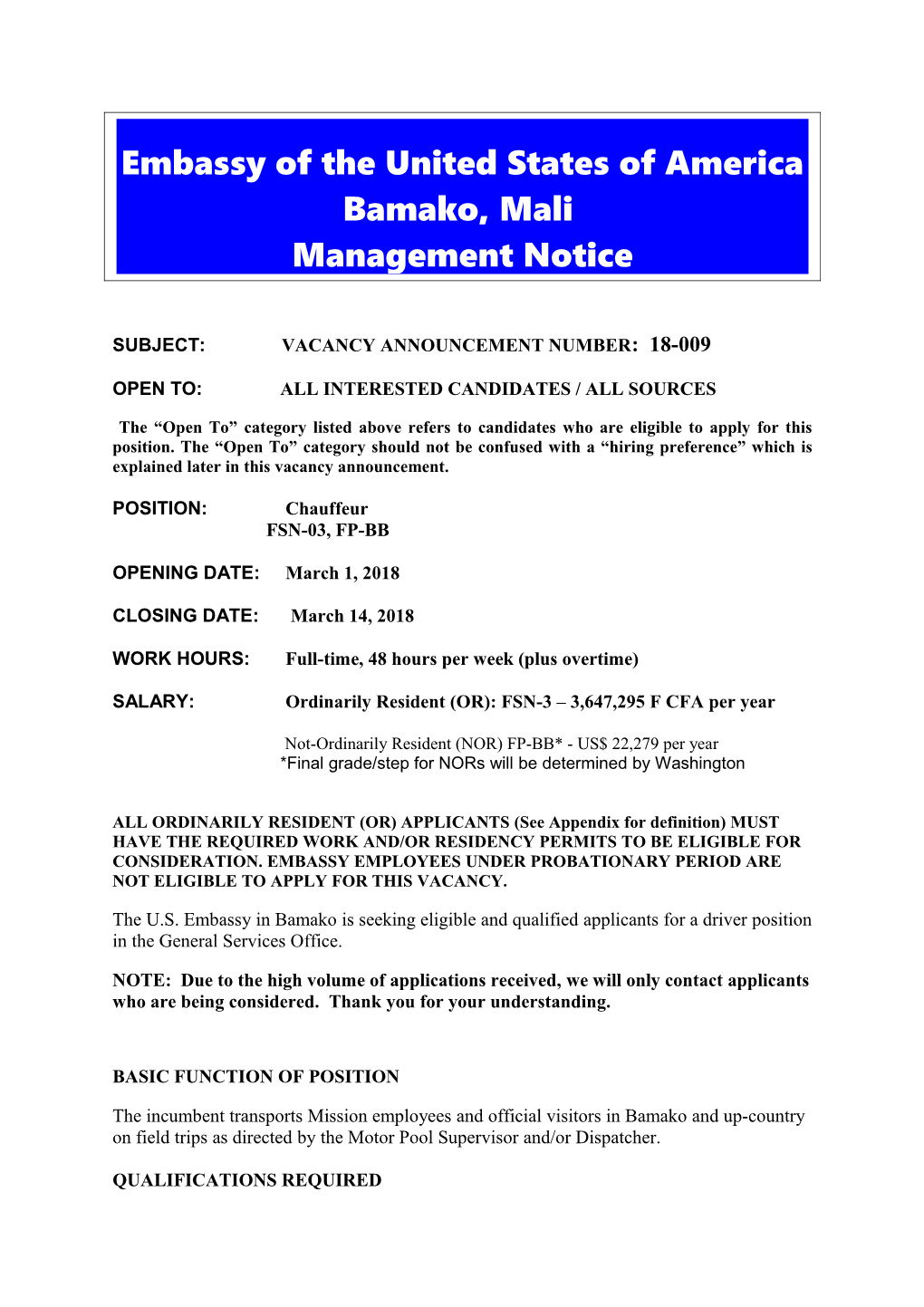 Subject: Vacancy Announcement Number: 18-009