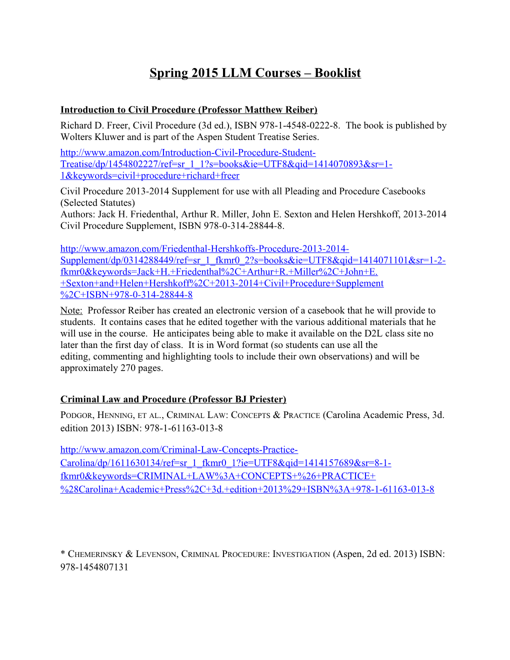 Spring 2015 LLM Courses Booklist