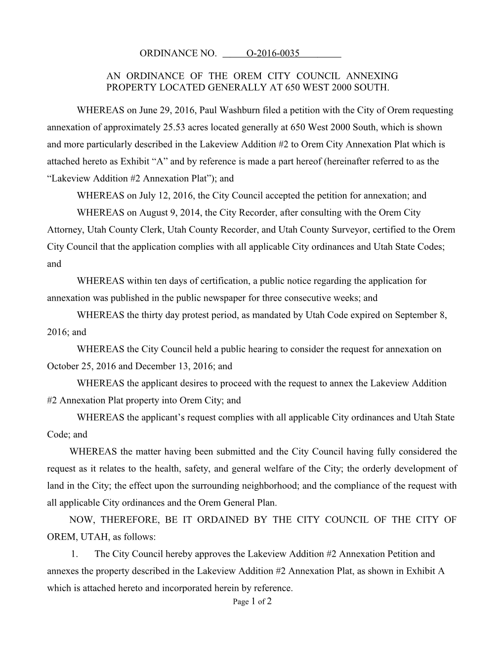 An Ordinance of the Orem City Council Annexing Property Located at 2000 South Sandhill