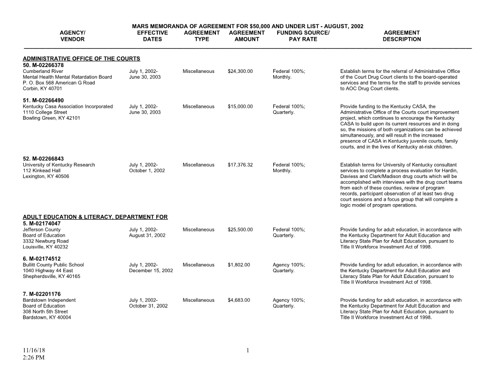 Mars Memoranda of Agreement for $50,000 and Under List - August, 2002