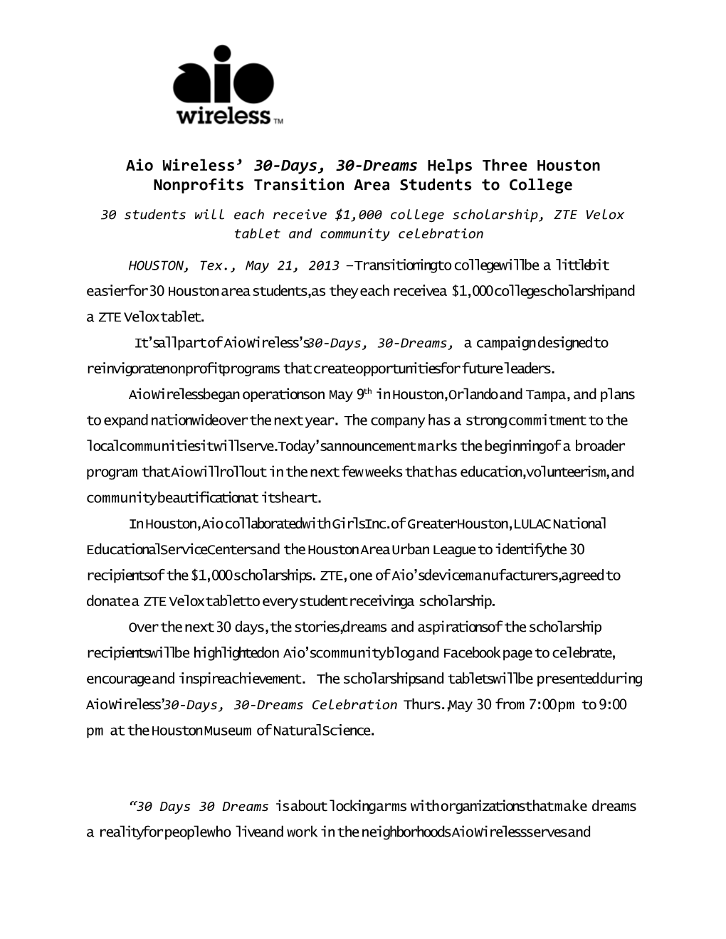 Aio Wireless 30-Days, 30-Dreams Helps Three Houston Nonprofits Transition Area Students