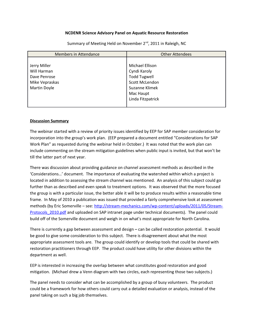 NCDENR Science Advisory Panel on Aquatic Resource Restoration