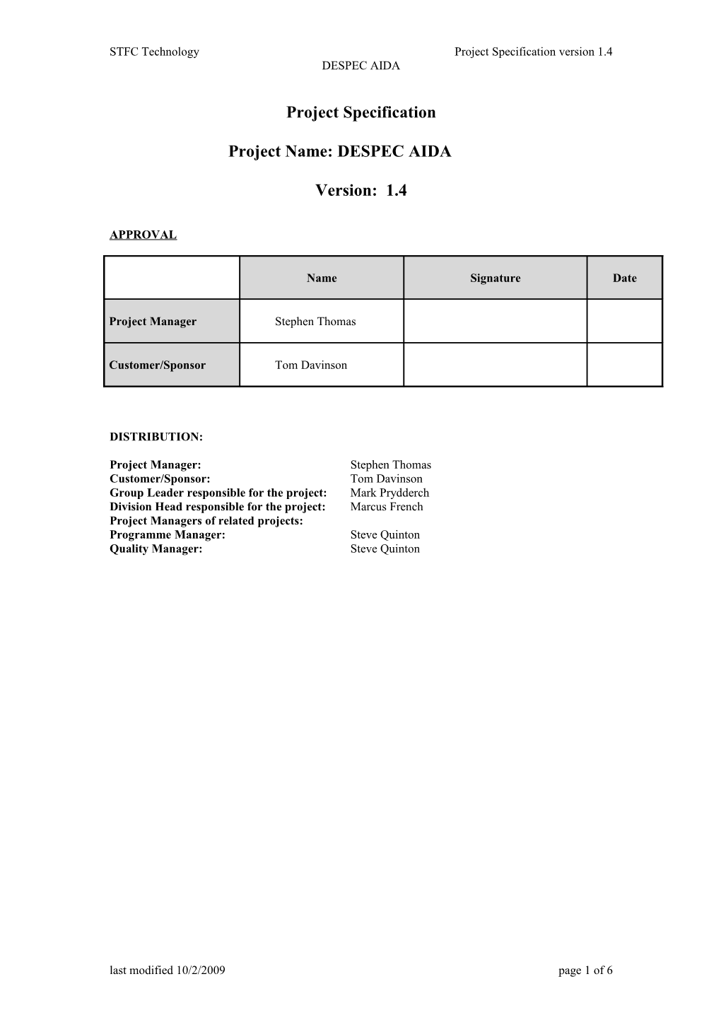 STFC Technologyproject Specification Version 1.4