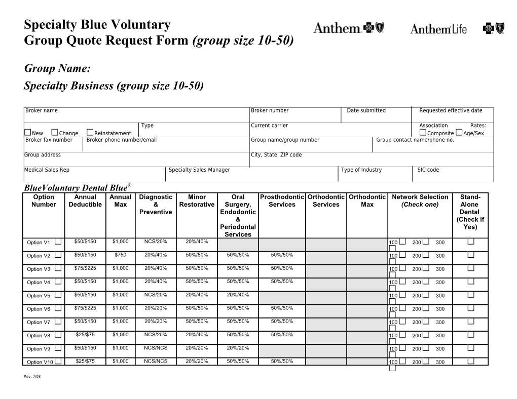 Group Quote Request Form (Group Size 2-50)