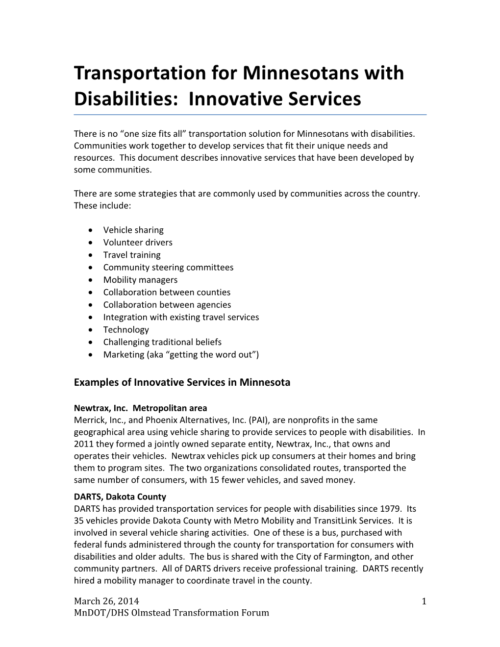 Transportation for Minnesotans with Disabilities: Innovative Services