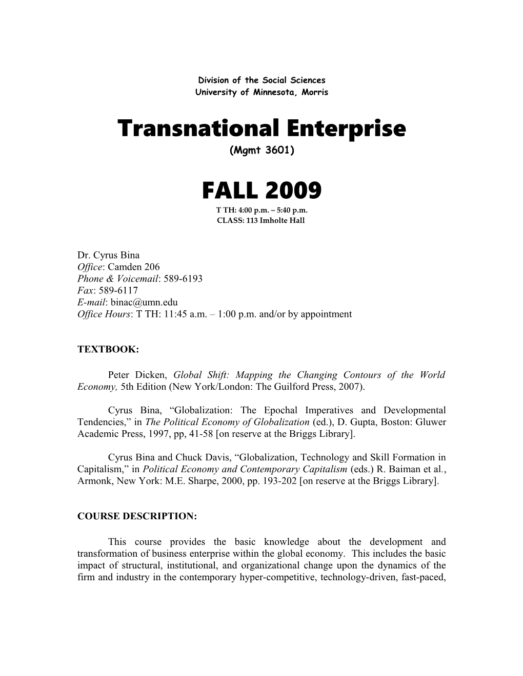 Transnational Enterprise, Fall 2009: Syllabus