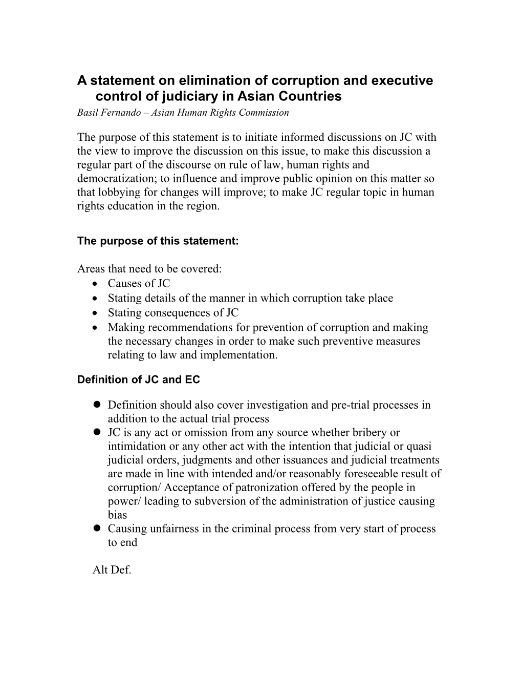 A Statement on Elimination of Corruption and Executive Control of Judiciary in Asian Countries