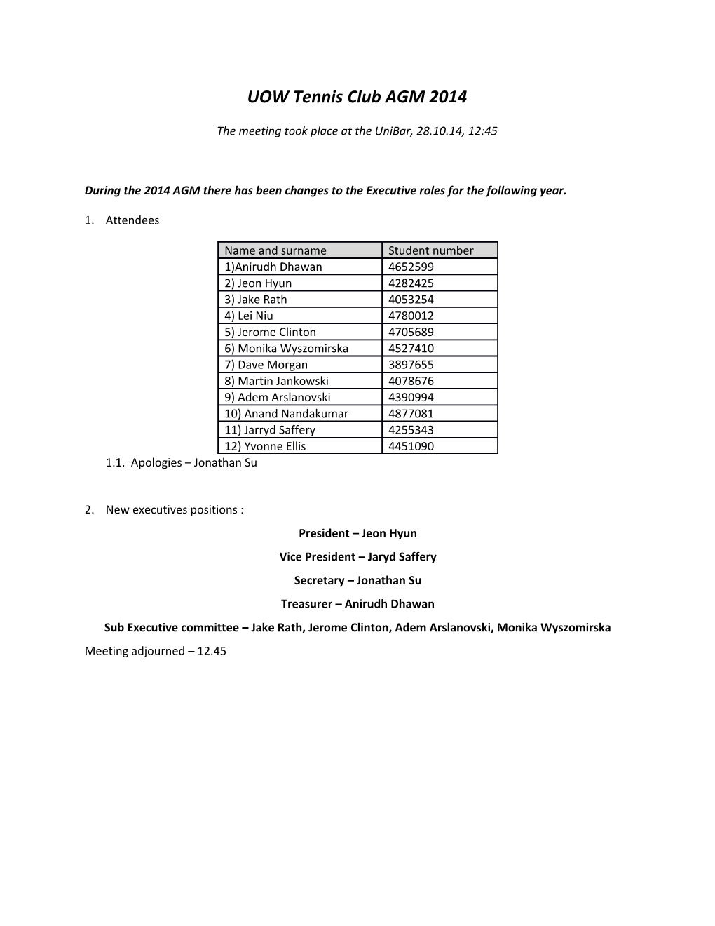 UOW Tennis Club AGM 2014