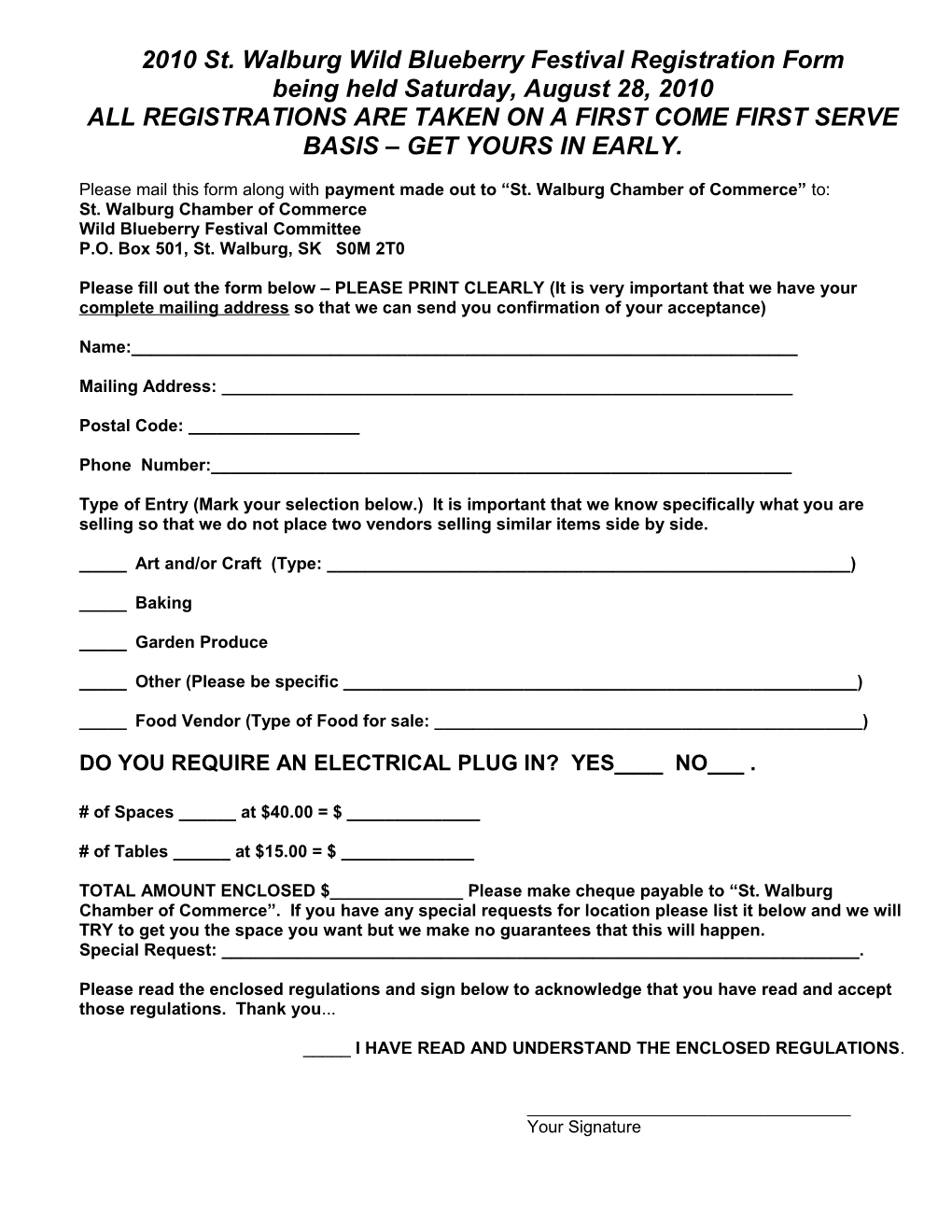 2010St. Walburg Wild Blueberry Festival Registration Form
