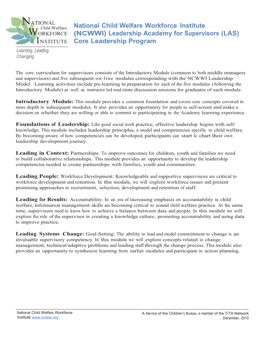 Nationalchildwelfareworkforceinstitute(NCWWI) Leadershipacademyforsupervisors(LAS)