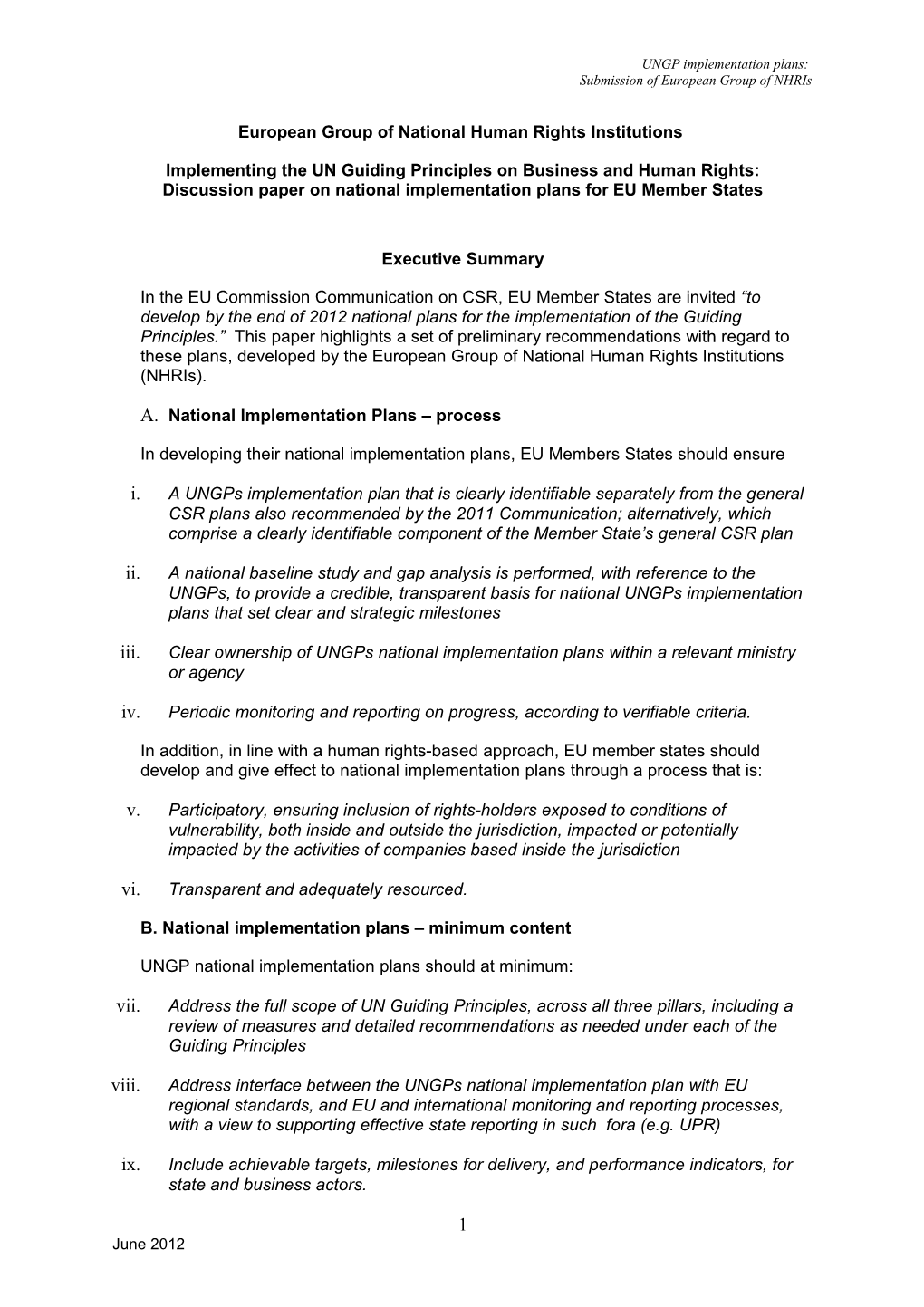 EU Nhris Paper on National Implementation Plans for Ungps