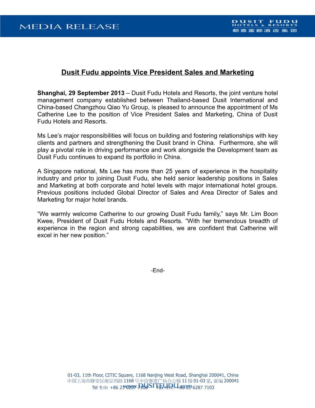 Dusit Fudu Appoints Vice President Sales and Marketing