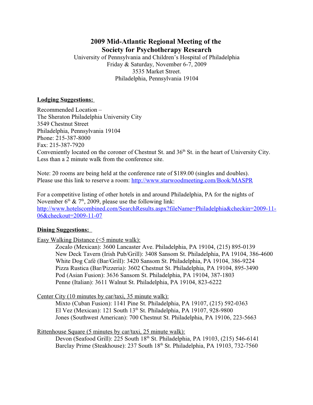 2009 Mid-Atlantic Regional Meeting of the Society for Psychotherapy Research