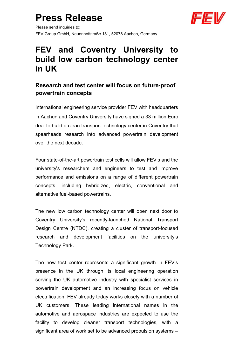 FEV and Coventry University to Build Low Carbon Technology Center in UK
