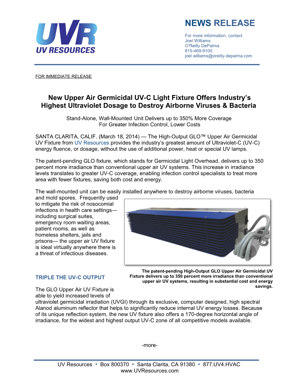 Uv Resources Press Release: Glo Upper Air Uv Germicidal Series1