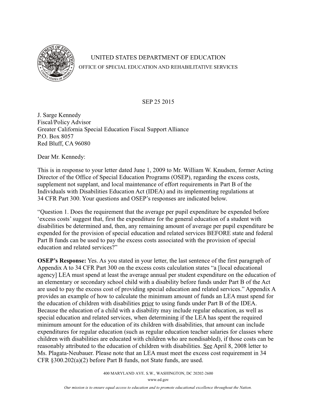 9-25-2009 OSEP Policy Letter to J. Sarge Kennedy (MS Word)