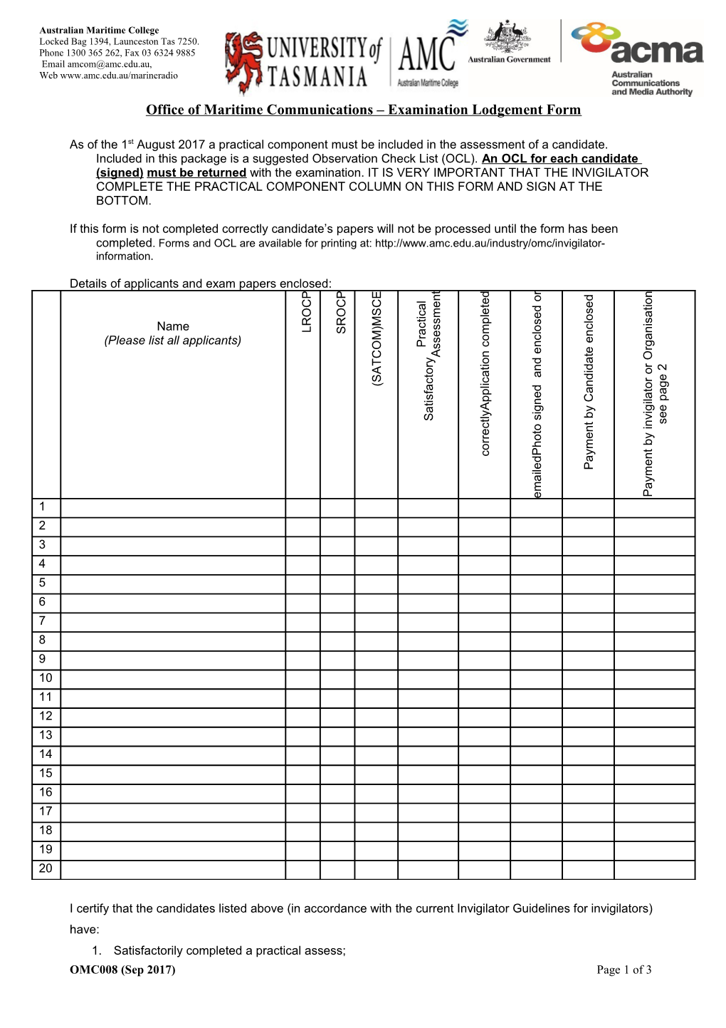 Office of Maritime Communications Examination Lodgement Form