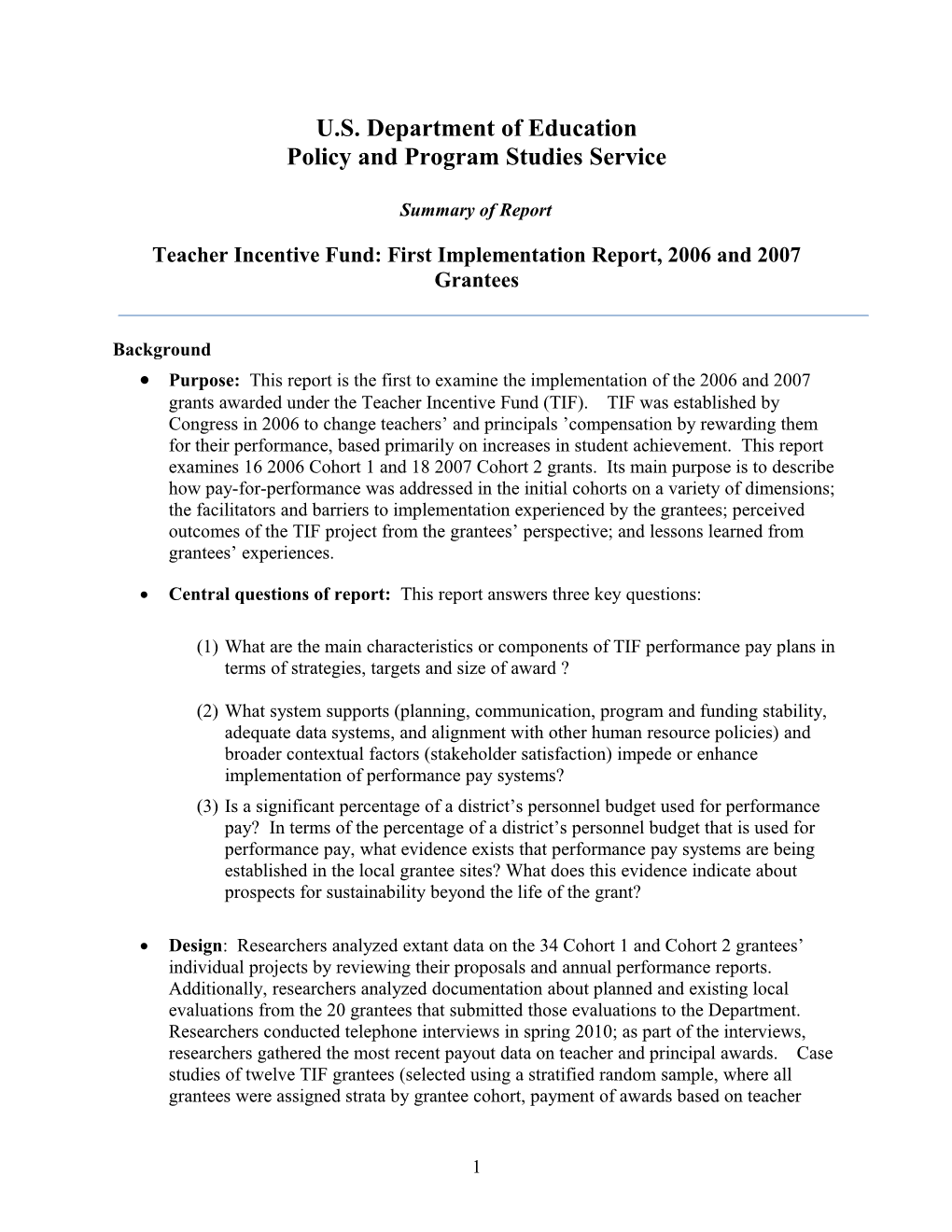 Teacher Incentive Fund: First Implementation Report, 2006 an 2007 Grantees (MS Word)