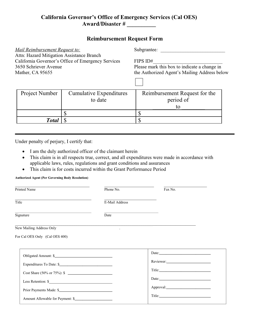 Grant Reimbursement Request Form