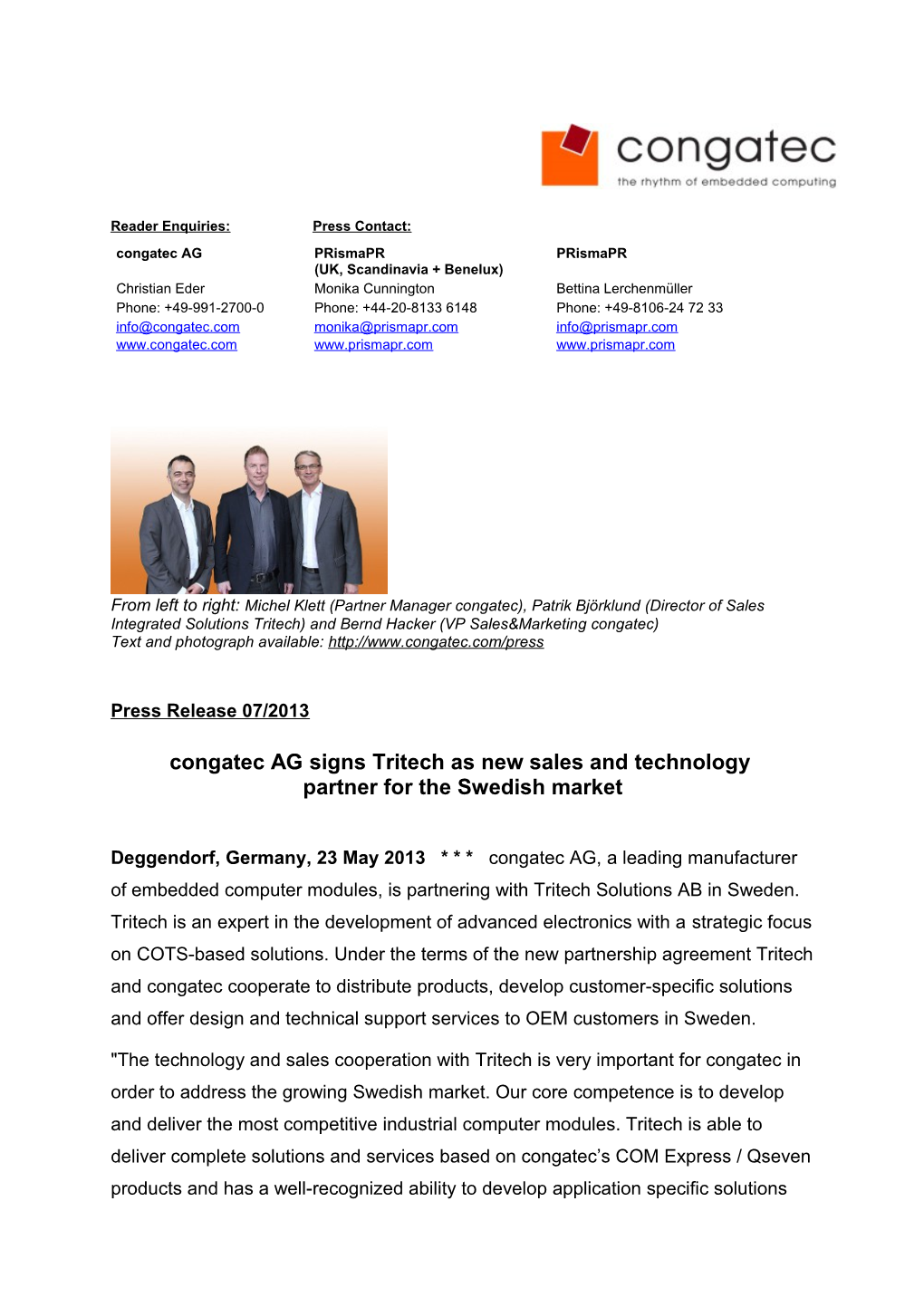Congatec Signs Tritech As Sales and Technology Partner for Sweden