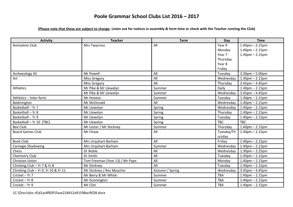 Poole Grammar Schoolclubs List 2016 2017