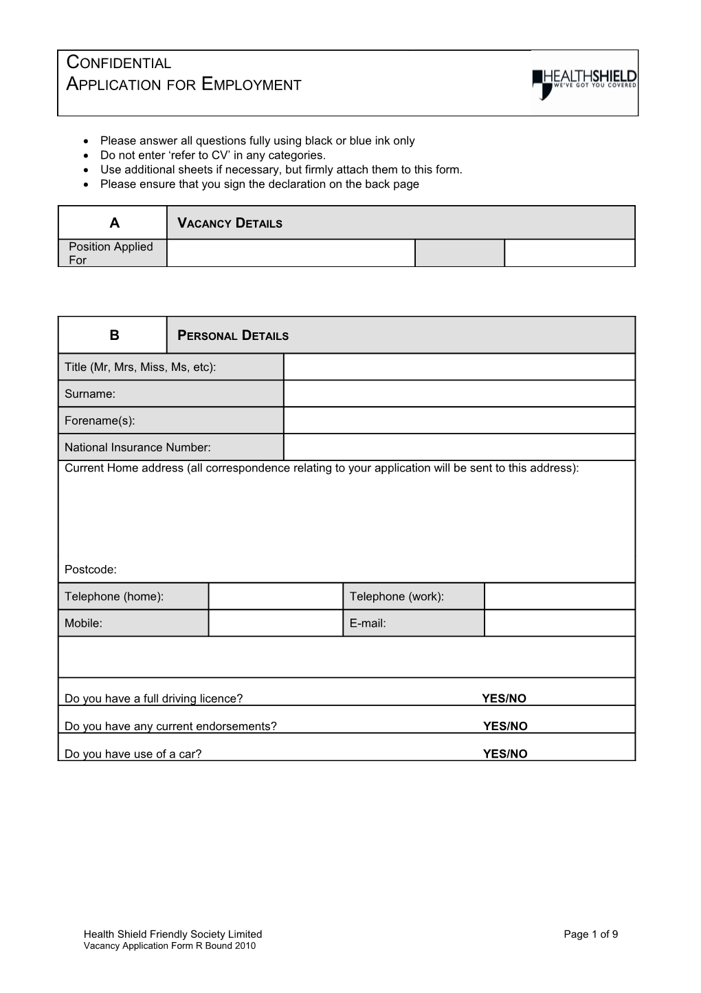 Health Shield Employment Application Form