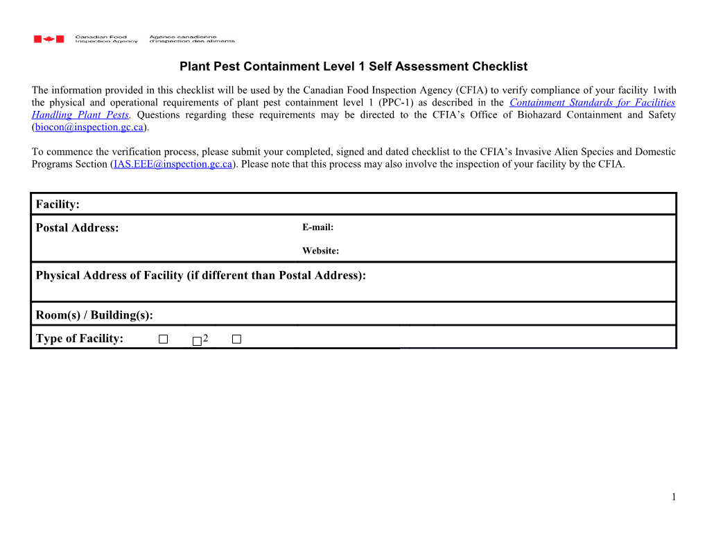 Plant Pest Containment Level 1 Checklist