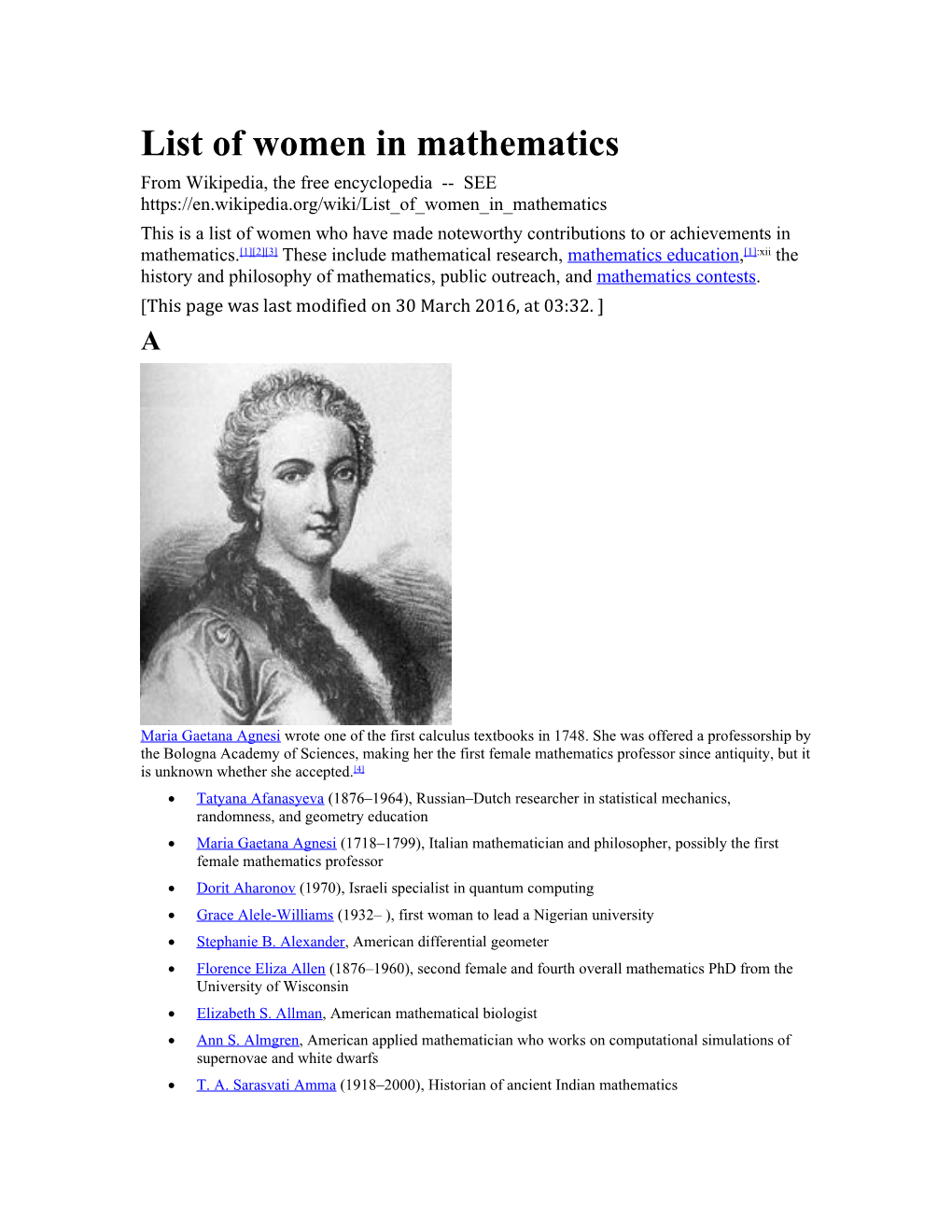 List of Women in Mathematics