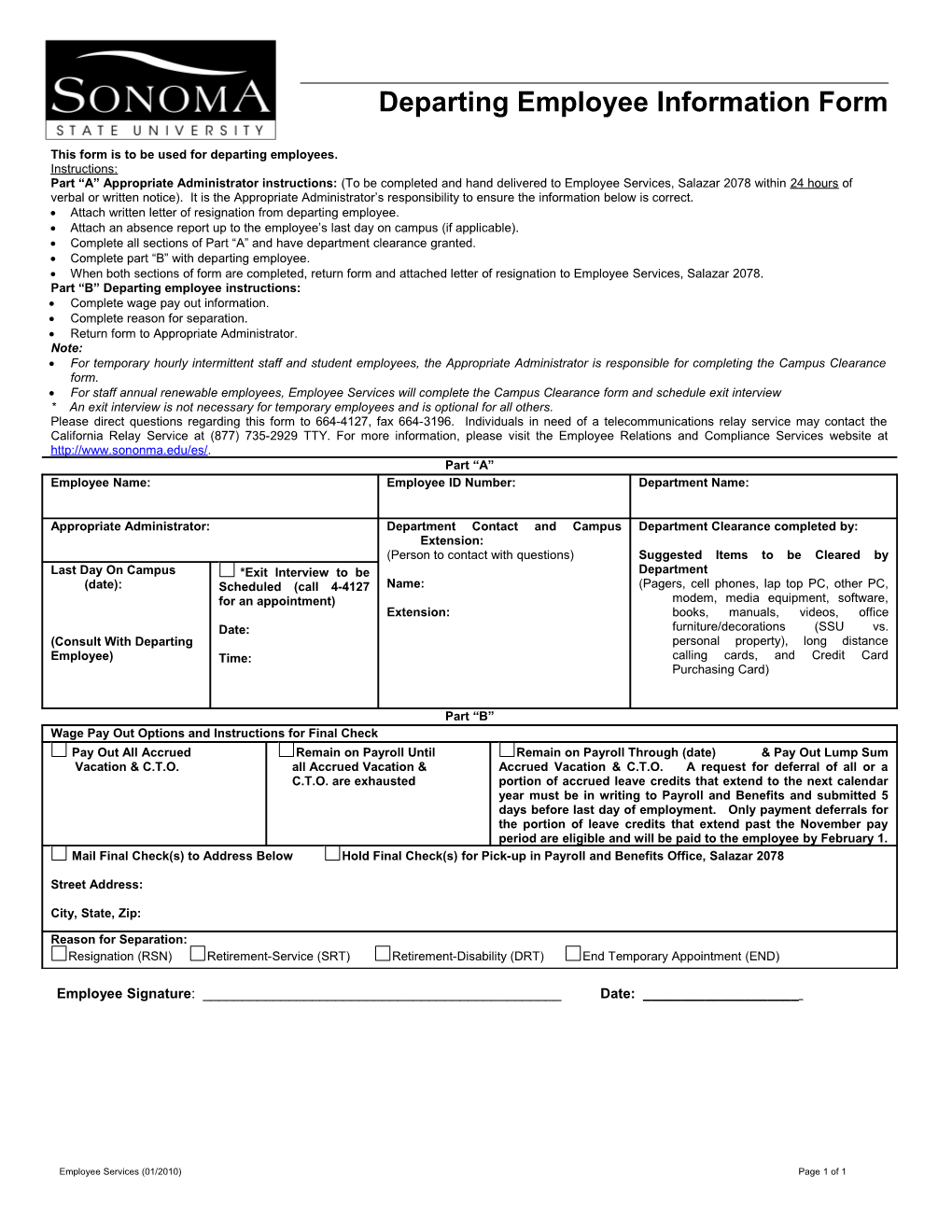 This Form Is to Be Used for Departing Employees