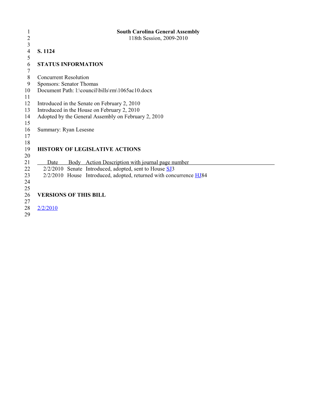 2009-2010 Bill 1124: Ryan Lesesne - South Carolina Legislature Online