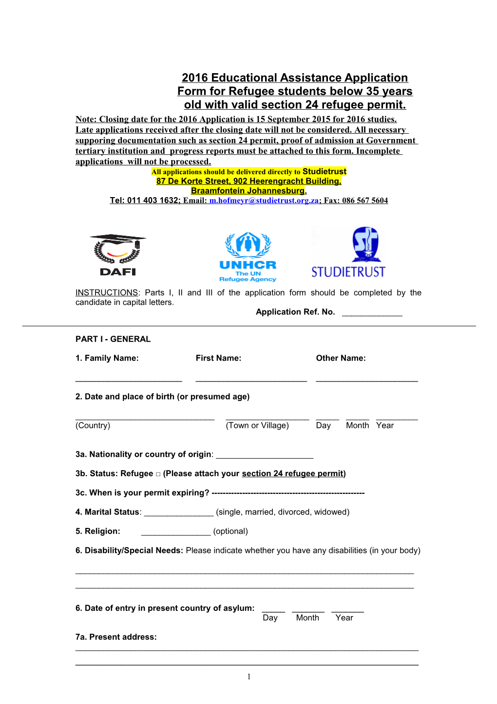 Application Form for Educational Assistance