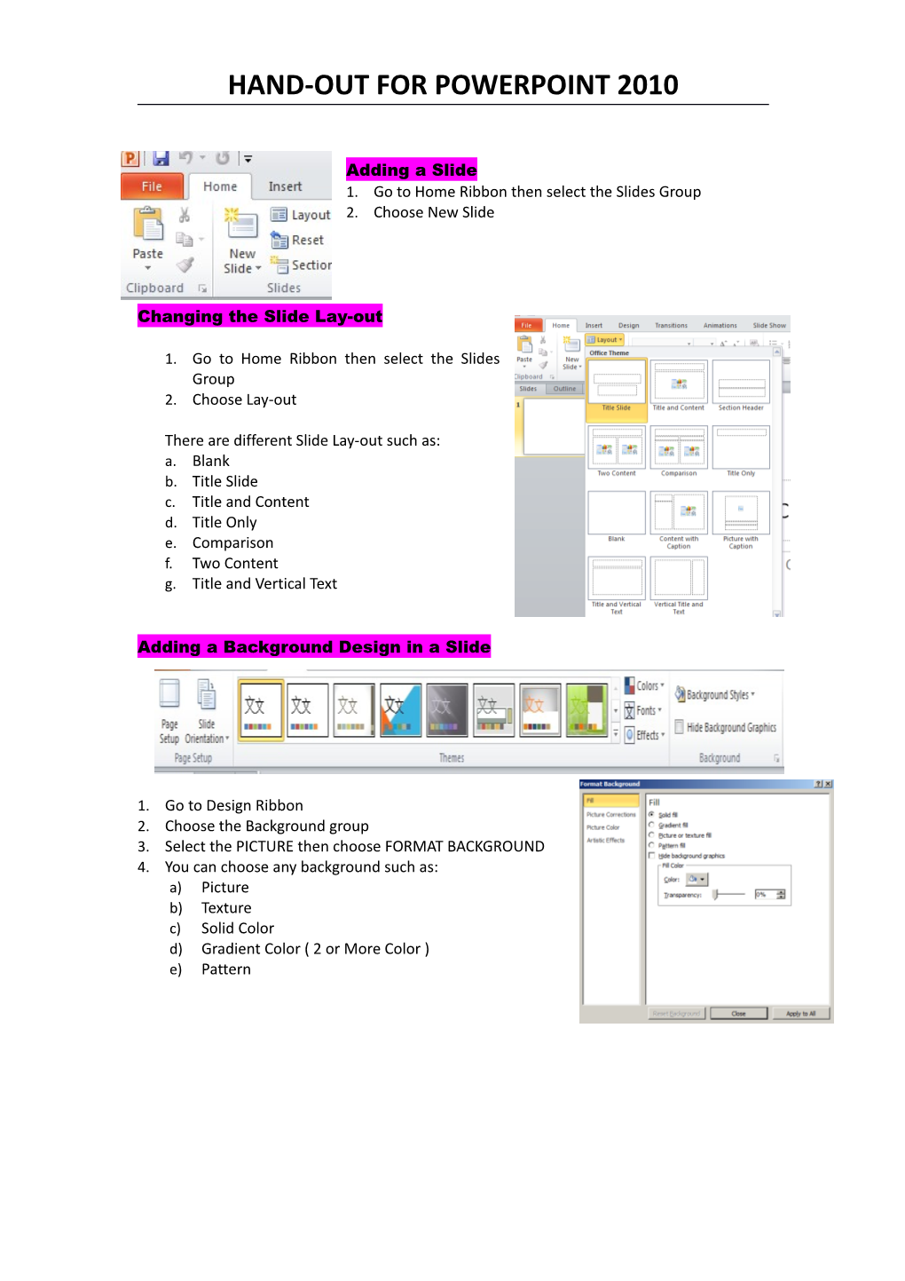 Hand-Out for Powerpoint 2010