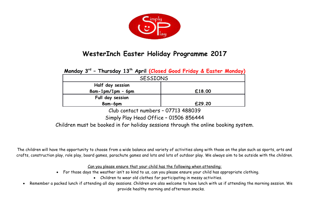 Westerinch Easterholiday Programme 2017