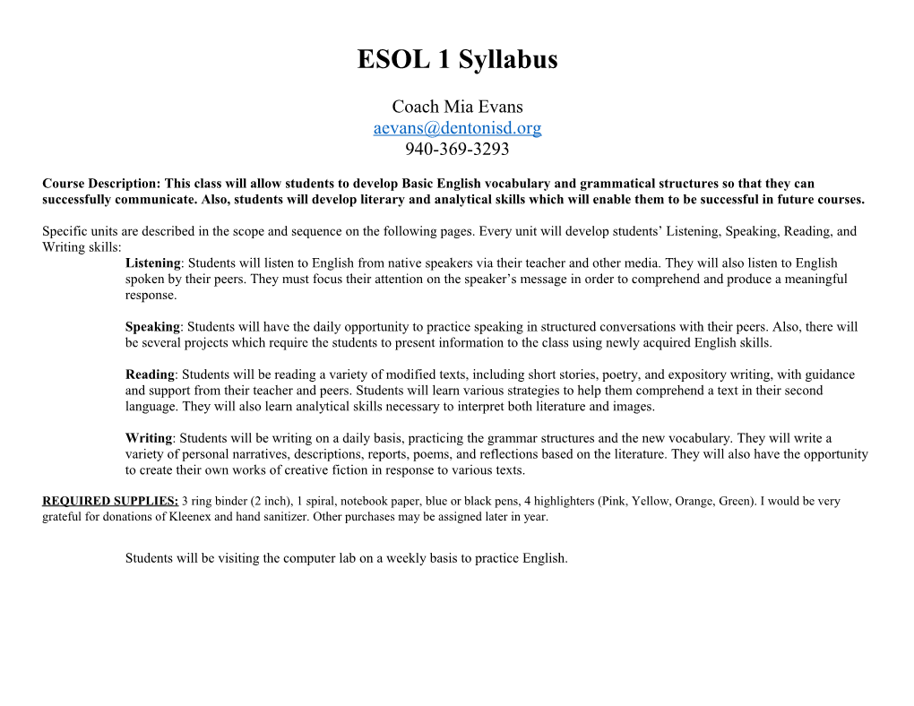 ESOL 1 Syllabus