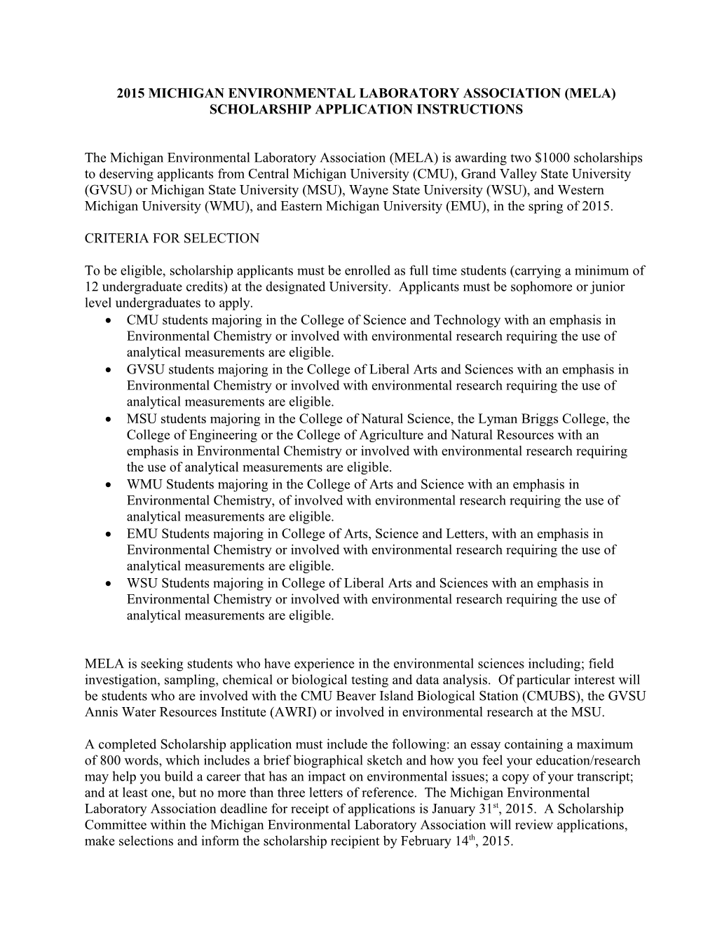 2000-2010 Michigan Environmental Laboratory Association (Mela) Scholarship Application
