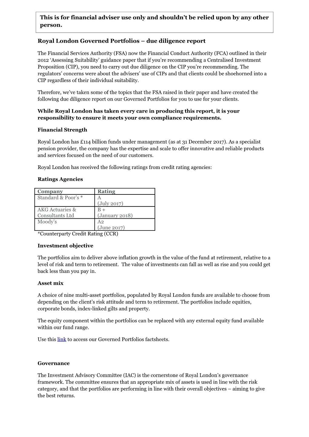 Royal London Governed Portfolios Due Diligence Report