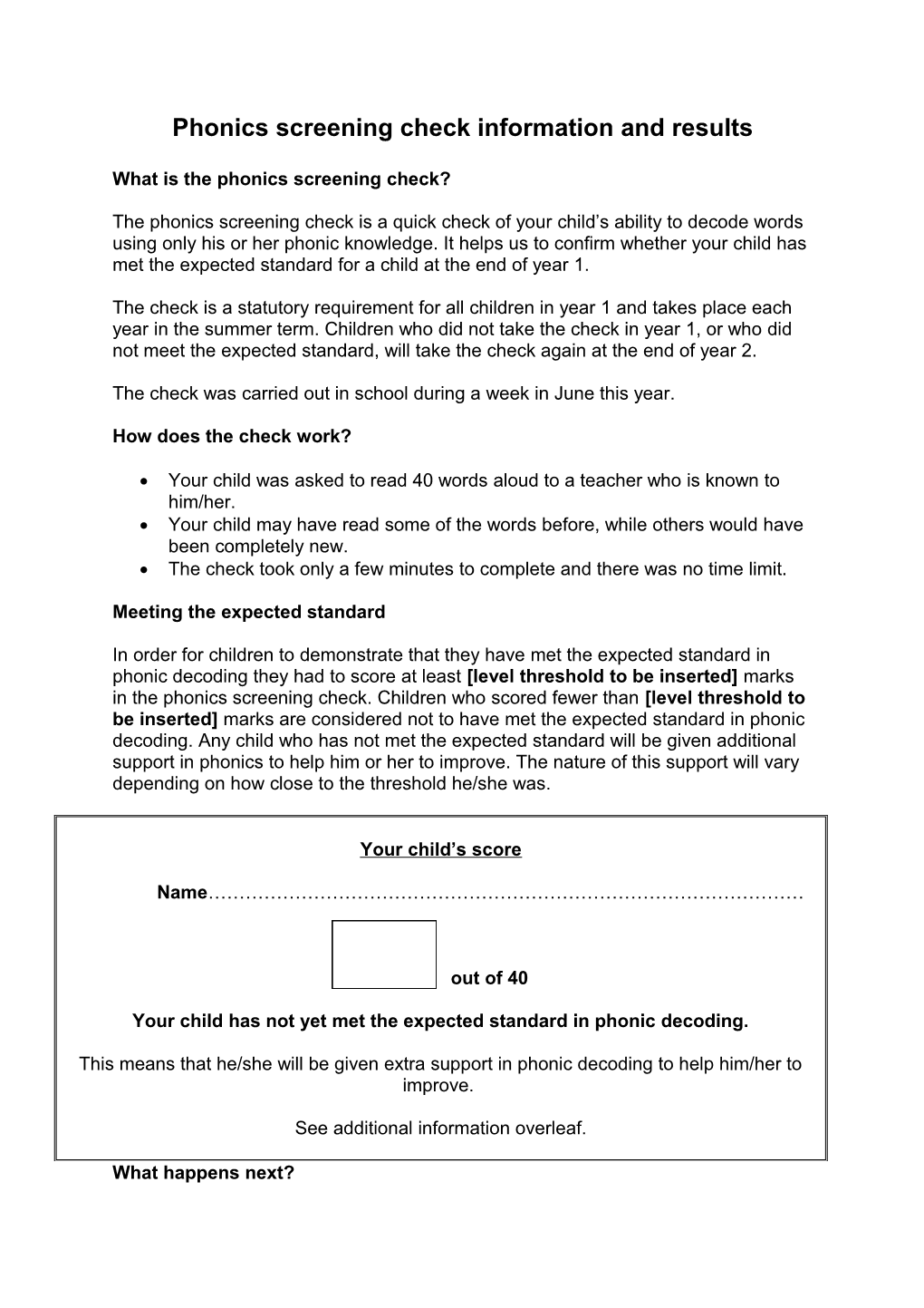 Phonics Reporting Template for Parents - Standard Not Met